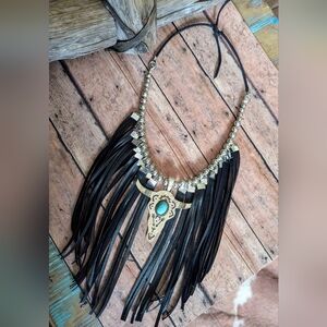 New Original Design Boho Black Fringed Necklace With Silver Etched Bull On Suede